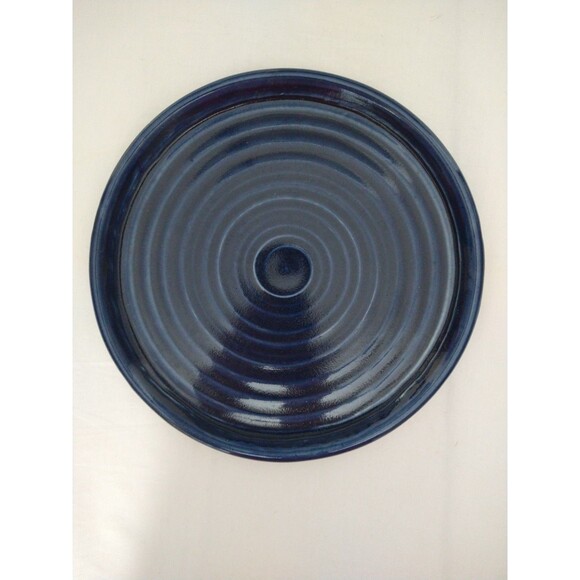 Handmade Signed Art Pottery Plate Dish Blue Swirl Rings Round Plant Drainage - Picture 1 of 8
